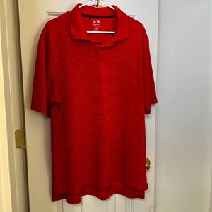 Adidas Men’s Large Red with black stripes climalite golf shirt.